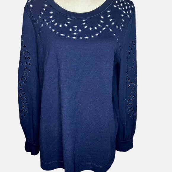 Chico's Zenergy Navy Blue French Terry Cutwork Top Size 2 #00057 - Picture 3 of 5